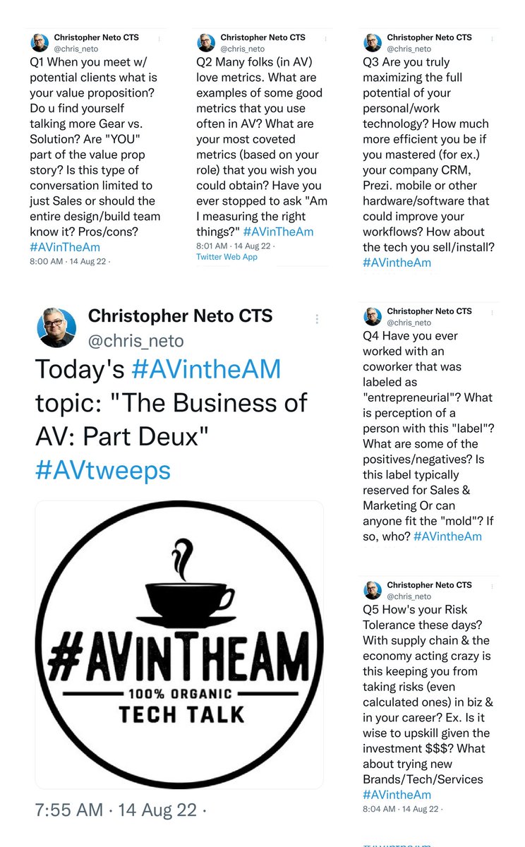 chris_neto's tweet image. Here is todays #AvInTheAM Topic and Questions for August 14, 2022. Please DM me some topic ideas and/or questions for future #Sunday chats. Also which takeovers you&apos;d like to see happen. Thx #AVtweeps for all your support. Follow: @TheAVinTheAM. Be Kind &amp;amp; Do good things 🙂