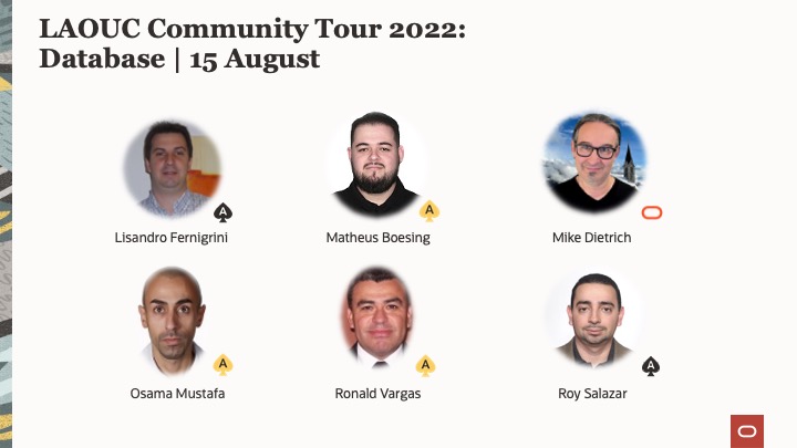 Oracle ACE Program (@oracleace) on Twitter photo Join <a href="/laouc/">LAOUC</a> for the first day of the Community Tour 2022, starting tomorrow, focusing on Database.
Check out the ♠️ speakers 👉 <a href="/lfernigrini/">Lisandro Fernigrini</a>, <a href="/matheusdba/">Matheus Boesing</a>, <a href="/MikeDietrichDE/">Mike Dietrich</a>, <a href="/OsamaOracle/">Osama Mustafa</a>, <a href="/rovaque/">Ronald Vargas ACED 🇨🇷</a>, @rsalazar_aced.
Register now 👉
social.ora.cl/6018z4KgC
<a href="/oracleugs/">Oracle User Groups</a> #oracleace Join <a href="/laouc/">LAOUC</a> for the first day of the Community Tour 2022, starting tomorrow, focusing on Database.
Check out the ♠️ speakers 👉 <a href="/lfernigrini/">Lisandro Fernigrini</a>, <a href="/matheusdba/">Matheus Boesing</a>, <a href="/MikeDietrichDE/">Mike Dietrich</a>, <a href="/OsamaOracle/">Osama Mustafa</a>, <a href="/rovaque/">Ronald Vargas ACED 🇨🇷</a>, @rsalazar_aced.
Register now 👉
social.ora.cl/6018z4KgC
<a href="/oracleugs/">Oracle User Groups</a> #oracleace