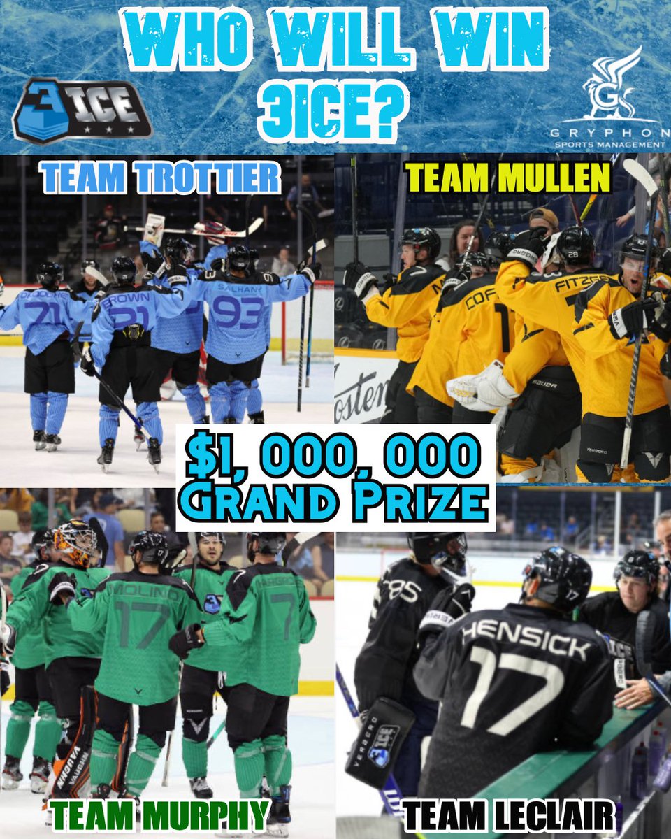 GryphonSports_'s tweet photo. The @3icehockey playoffs take place on August 20 in Las Vegas. Which team do you think will take home the first ever Patrick Cup and the $1,000,000 Grand Prize?#3icehockey #3ice #TeamTrottier #TeamMullen #TeamLeclair #TeamMurphy #ThePatty #PatrickCup https://t.co/Su05D0lNeC