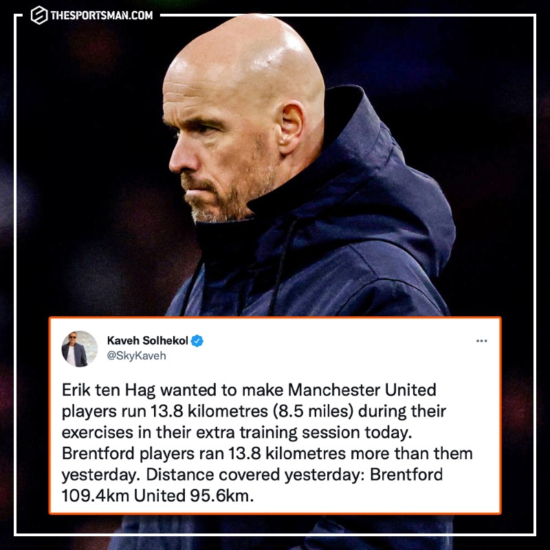 TheSportsman's tweet photo. 😠 Erik ten Hag is not happy with yesterday's poor performance and he is letting the Manchester United players know it...

#MUFC | #BENMUN