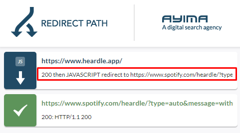 glenngabe's tweet photo. The difference between a 301 redirect &amp; a JavaScript redirect. The original Heardle url still ranks in the SERPs when it has been redirecting to Spotify's url for a while now. But, it's a JS redirect. On the flip side, Wordle took only a few days to "take" &amp; show the NYT url. https://t.co/4USVlrBbWe
