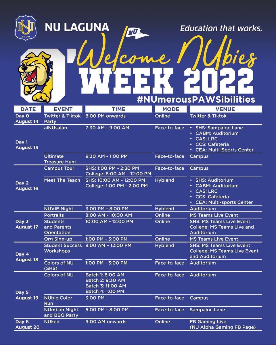 NULagunaPH's tweet photo. Before we have a good night sleep, please be reminded with our O’Week schedule! 💙💛

 #NUmerousPAWSibilities https://t.co/TSo9ImjchH
