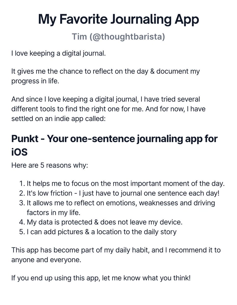 thoughtbarista's tweet photo. Everybody told me to keep a journal. I tried over and over, but I wasn't consistent in my approach. Everything changed, however, after I discovered the @punktapp.

Day 2/30
#ship30for30
@Nicolascole77 @dickiebush https://t.co/w4JEEDWPpB