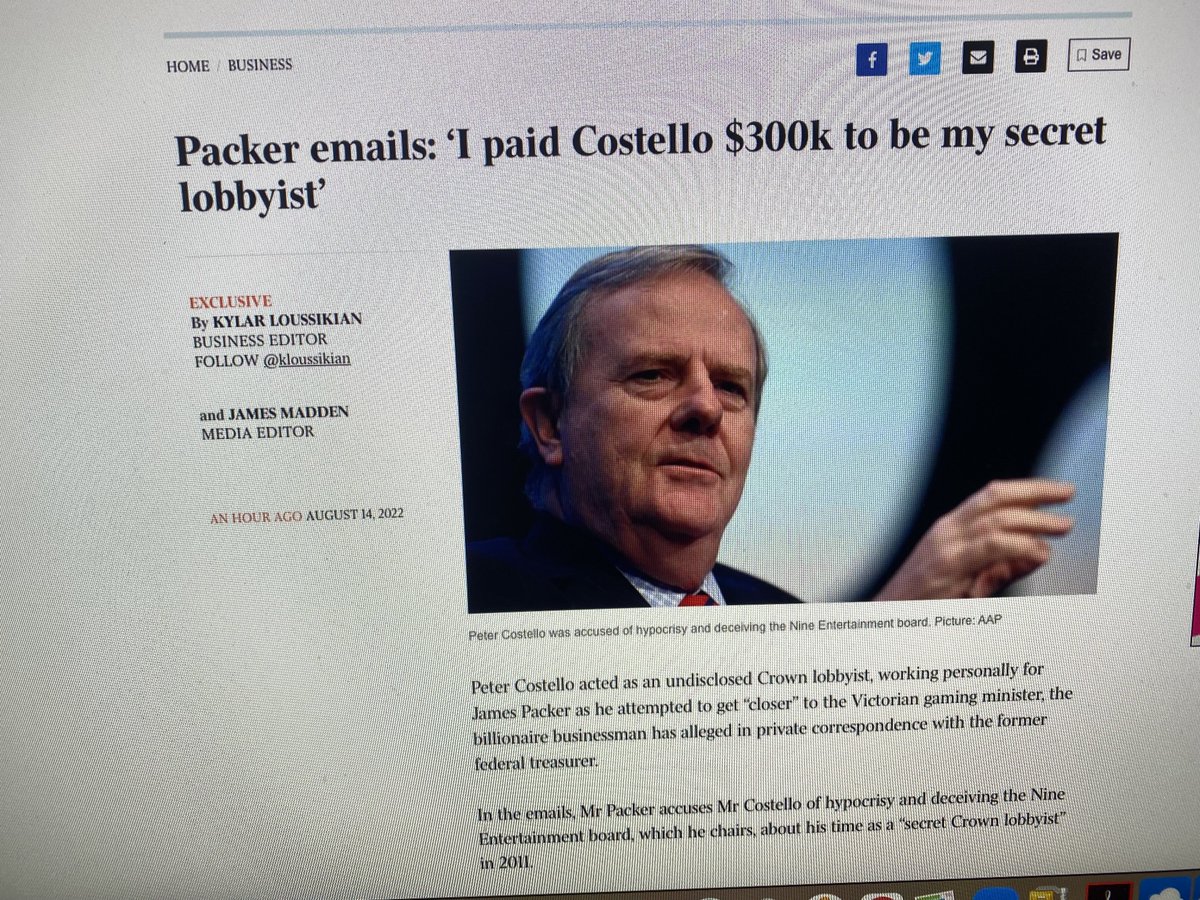 QuentinDempster's tweet photo. The thunderous reprisal of a cashed up oligarch: James Packer emails alleging he once paid $300k to Peter Costello to “secretly” lobby for Crown dropped (leaked) to Rupert/Lachlan Murdoch’s @australian. Did the casino regulators in Victoria know about this? If not .. why not? https://t.co/VXc1n4cTWQ
