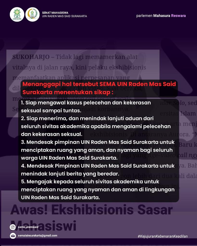 Kawan Sura!
Kampus bukanlah tempat kejahatan, mari kawal bersama-sama agar segera ada tindakan yang jelas dari pimpinan UIN RMS Surakarta!