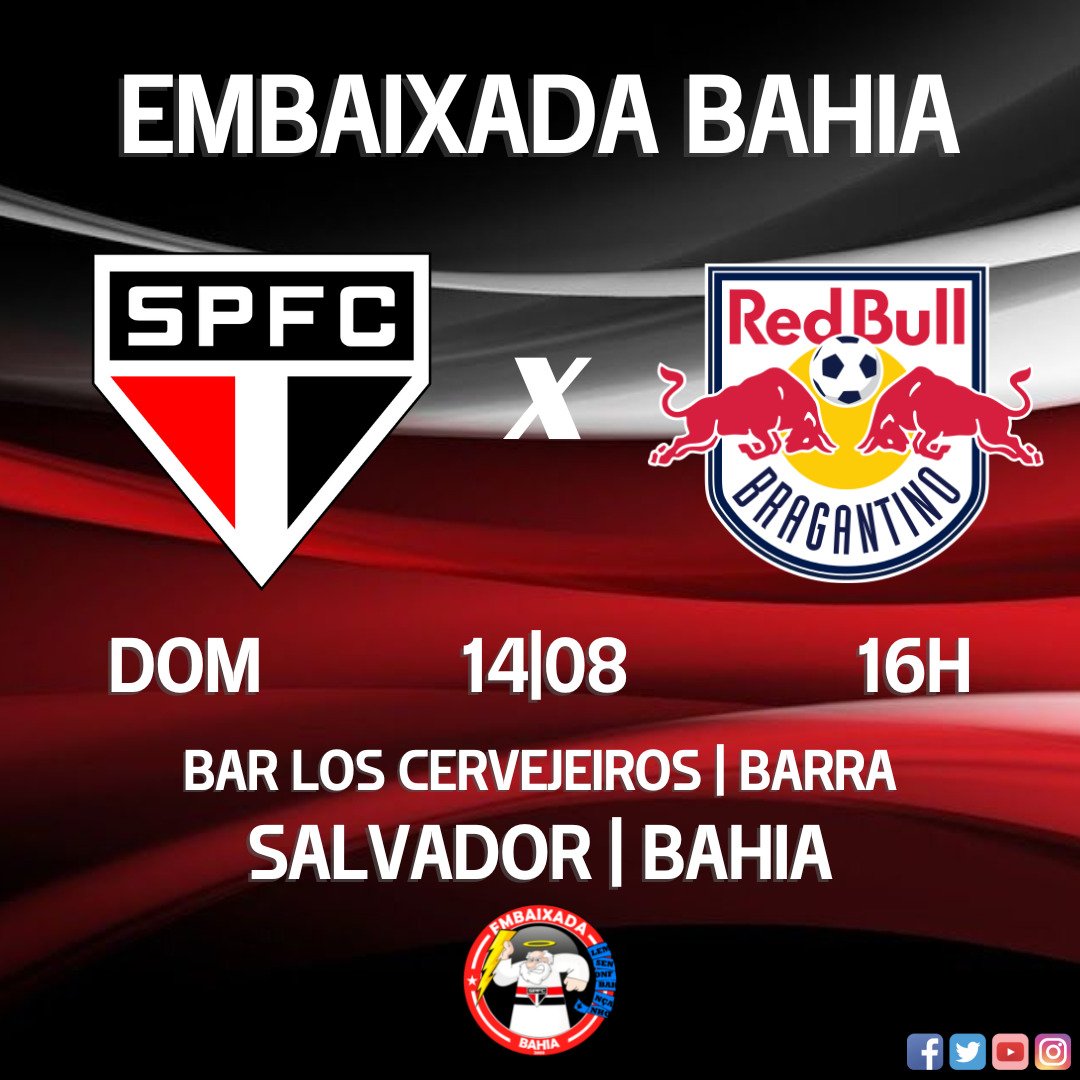 EmbaixadaBA's tweet photo. SÃO PAULO FC x Bragabull
Embaixada São Paulinos Bahia
Domingo (14/08), 16:00
Local: Bar Los Cervejeiros - Rua Marquês de Caravelas, 358 - Barra
#EmbaixadaBA #saopaulofc #spfc #tricolor #unidospeloSPFC #tricolordomorumbi #saopaulofutebolclube #morumtri #boraspfc #vamossaopaulo 🇾🇪 https://t.co/YqIGj1aIN8