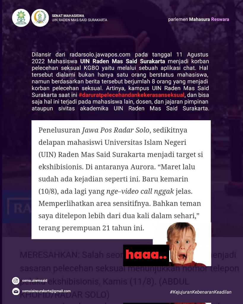 SemaUINsolo's tweet photo. Kawan Sura!
Kampus bukanlah tempat kejahatan, mari kawal bersama-sama agar segera ada tindakan yang jelas dari pimpinan UIN RMS Surakarta! https://t.co/uVreq0C8GS
