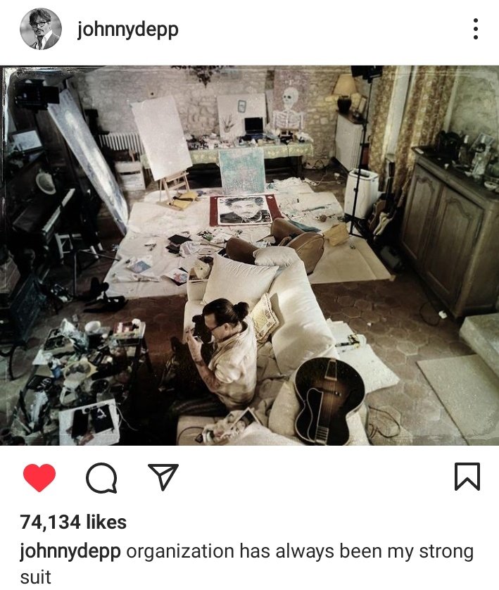 No_Reason_Jenz's tweet photo. Johnny Depp has posted on Instagram!!...

"Organisation has always been my string suit"...Johnny Depp...

Hands up who is gonna help tidy!! https://t.co/XYaY9w8Sxv
