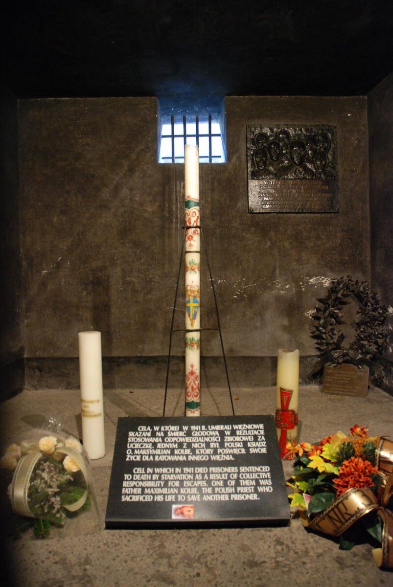 AuschwitzMuseum's tweet photo. 14 August 1941 | Saint ft. Maximilian #Kolbe OFM was killed with a phenol injection inside a starvation cell of Block 11 of the German #Auschwitz I camp. On 29 July 1941 he offered his life to save a person selected for starvation death after an escape of a prisoner. https://t.co/dV5vhrLAnc