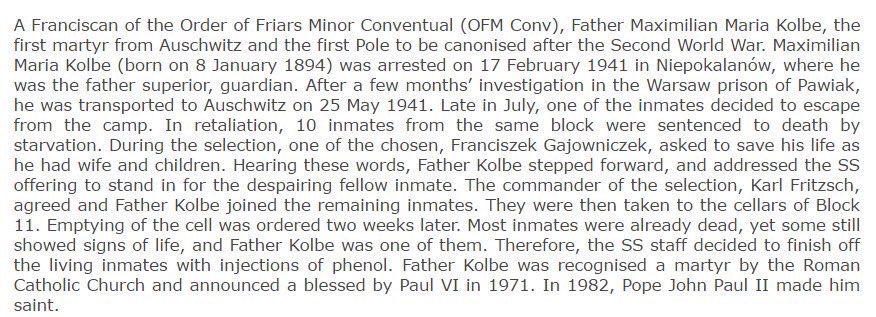AuschwitzMuseum's tweet photo. 14 August 1941 | Saint ft. Maximilian #Kolbe OFM was killed with a phenol injection inside a starvation cell of Block 11 of the German #Auschwitz I camp. On 29 July 1941 he offered his life to save a person selected for starvation death after an escape of a prisoner. https://t.co/dV5vhrLAnc