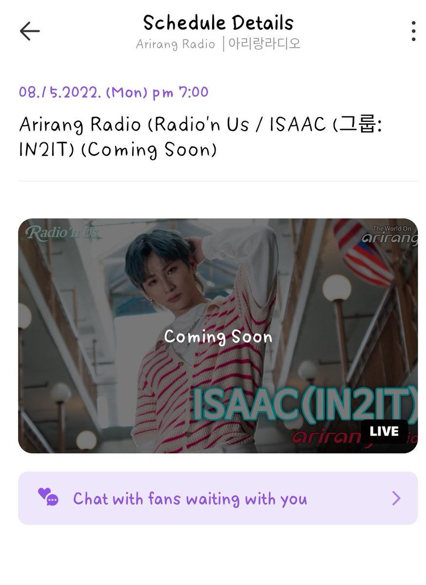Nana_Kiminwoo's tweet photo. Isaac's schedules already updated in a Arirang Radio VLive Channel.

Don't forget to set a reminder so you can see Isaac in Arirang Radio again~

Let's go... 

😍

#ISAACVKM #IsaacTimeBomb https://t.co/5FKRCUYUJb