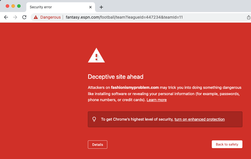 DCandaP's tweet photo. @ESPNFANSUPPORT I'm getting this warning / block from Chrome when attempting to navigate to ESPN Fantasy Football. Couldn't find any info about it searching around and hoping you can resolve - thanks! https://t.co/XjKFQqwik8
