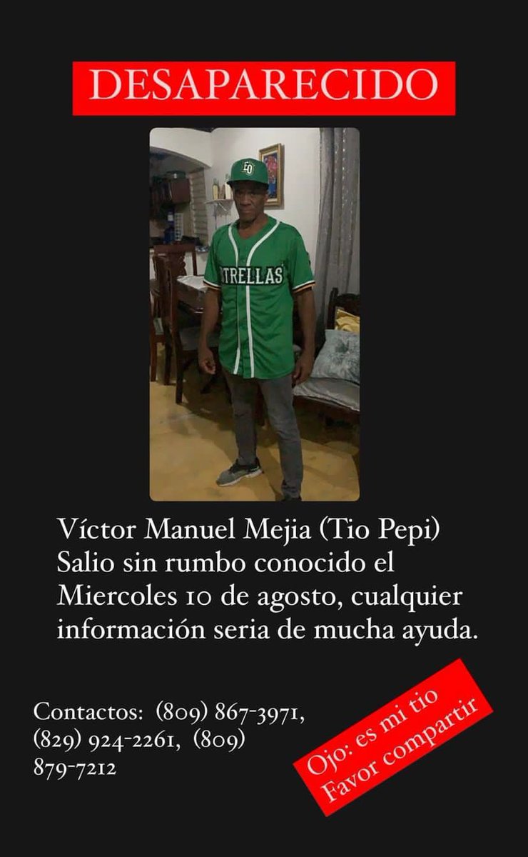 DesaparecidosR's tweet photo. El señor Víctor continúa desaparecido. Ayuda con un rt.
@DoctorFarola @jissell_espinal @chanelsocial @josepeguero @orlandojorgev @tainagautreau @SoyMenor0 @vicatallah @bolivarvalera @elnuevodiariord @dralauritao @raquelarbaje @telesistema11rd @SIN24Horas https://t.co/K5zLQLAcnx