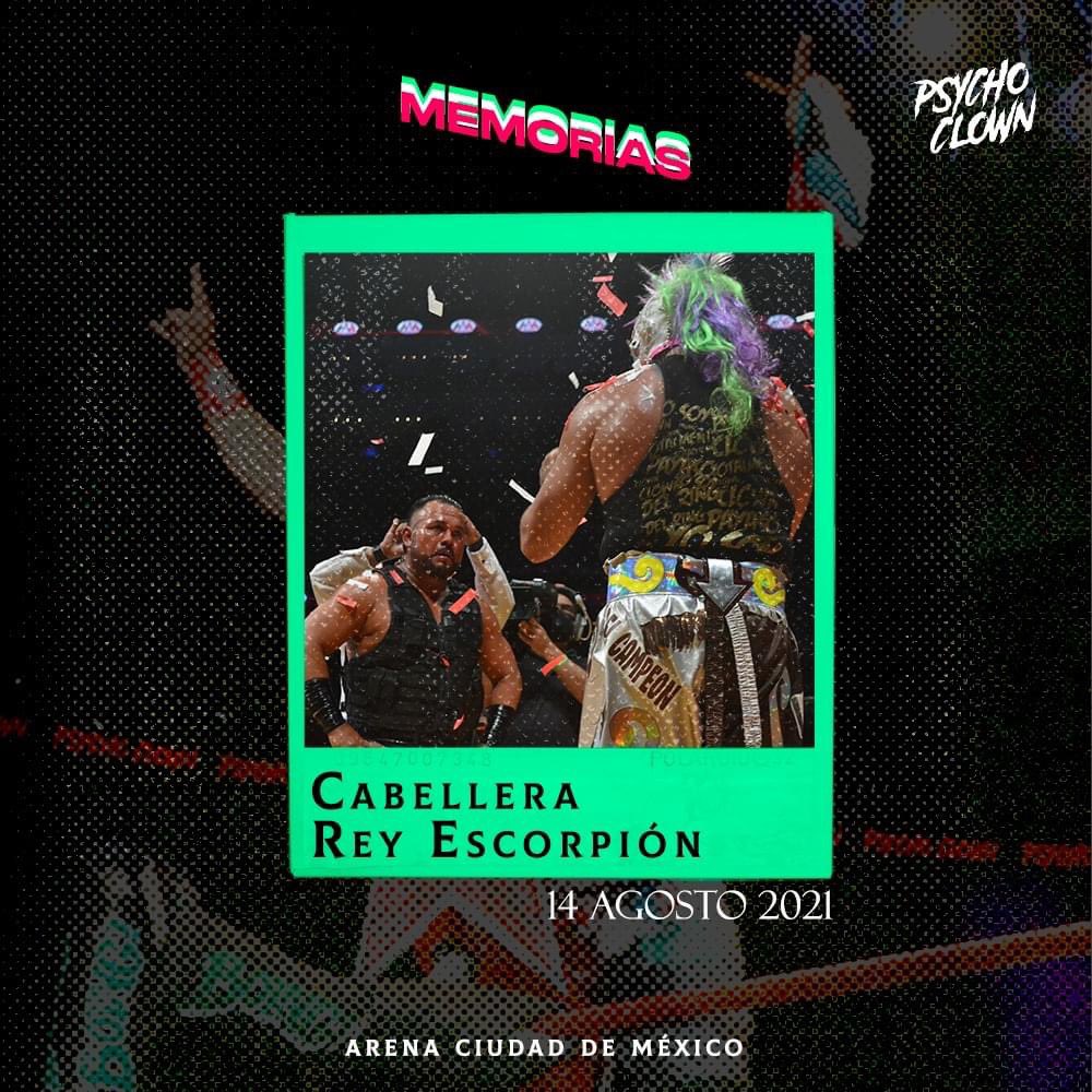 ¡Un día como hoy...! 
El 14 de agosto del 2021 me llevé el triunfo en #TriplemaniaXXIX y con él la cabellera de Rey Escorpión!! ¿En dónde vivieron ustedes ese día histórico? 🤘🤡