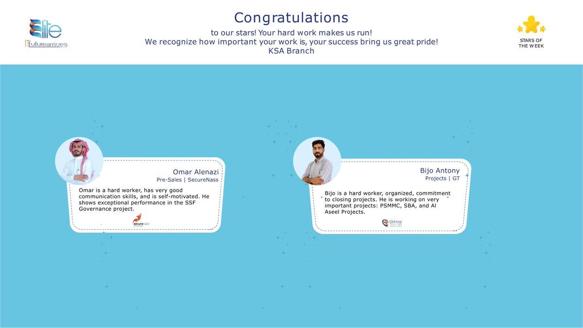 EliteGroupSA's tweet photo. Meet Elite family's stars of the week! 
تعرّف على نجوم عائلة إيليت لهذا الأسبوع! 
#Elitegroup #UnitedToLead #Saudiarabia #Egypt #Teamwork https://t.co/CeoSSBePB4