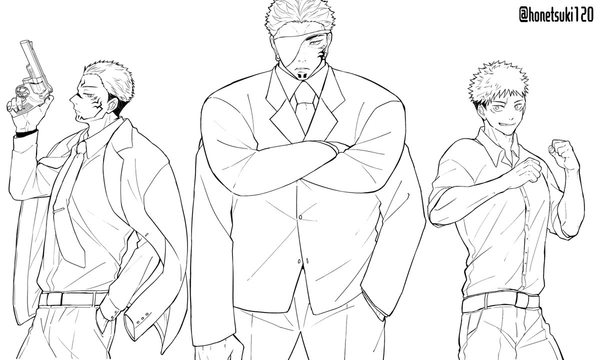 ※宿虎+生前様
※893パロ

しなさんと線画交換したイラストに生前様描き足して塗ってみました✌
スクには銃を持ってもらいたいし、ユジにはステゴロ戦車やって欲しい…
二枚目は全体の線画です 