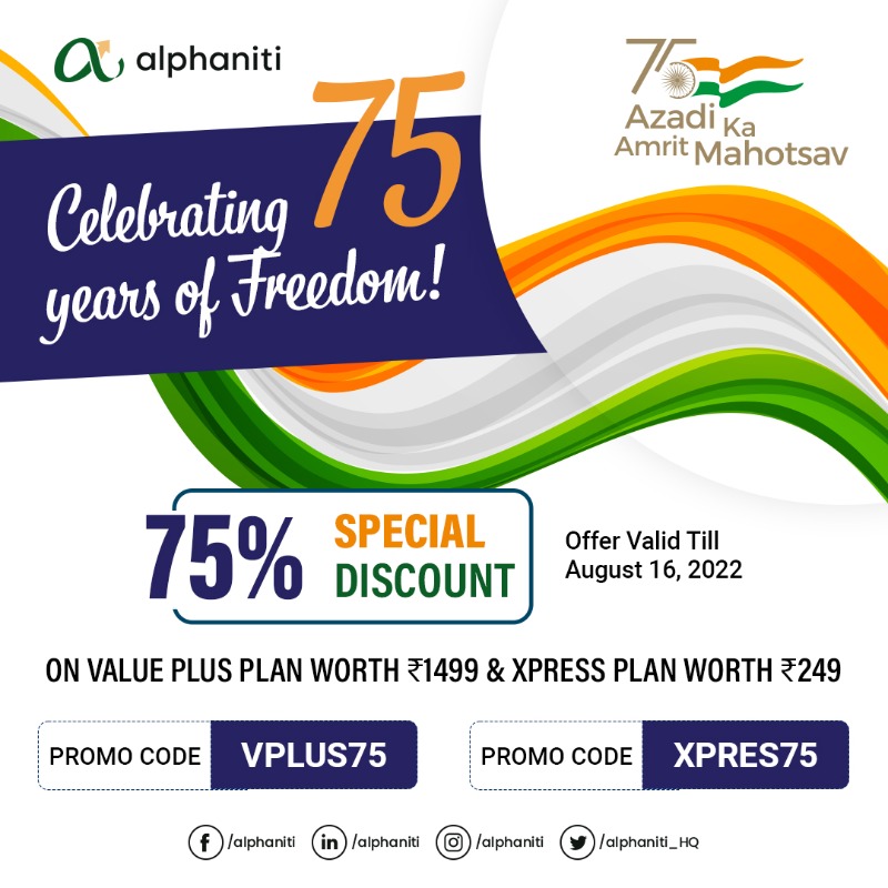 alphaniti_HQ's tweet photo. Celebrate 75 years of independence with 75% Special Discount on Alphaniti Subscriptions! Grab it before 16th to enjoy access to expert ideas for 6 months!
#AzadiKaAmritMahotsav #75YearsofIndependence #Discount #SpacialOffer #alphamatters #alphagenie #alphaniti
