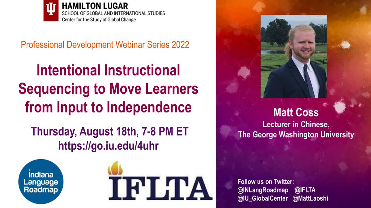 DON'T MISS IT! FREE WL PD 8/18! Spread the Word to the World! <a href="/MattLaoshi/">Matt Coss</a> <a href="/Guanlaoshihao/">Guan Chunmei</a> <a href="/IFLTA/">IFLTA</a> <a href="/IU_GlobalCenter/">Global Center at IU</a> <a href="/hamiltonlugar/">Hamilton Lugar School at Indiana University</a> <a href="/INLangRoadmap/">Indiana Language Roadmap</a> <a href="/actfl/">ACTFL</a> <a href="/CltaIn/">CLTA-IN</a> <a href="/CLTA_CA/">Chinese Language Teachers Association of CA</a> <a href="/AATSPglobal/">AATSP</a> <a href="/CIBER_USA/">CIBER USA</a> <a href="/IU_CIBER/">IU CIBER</a> <a href="/NFLC_UMD/">National Foreign Language Center (NFLC)</a> <a href="/AATFrench/">AATF</a> <a href="/AATGOnline/">AATG</a> <a href="/FIPLV/">FIPLV</a> @ECMLCELV <a href="/FLANC_WorldLang/">FLANC</a>  We are IN!
