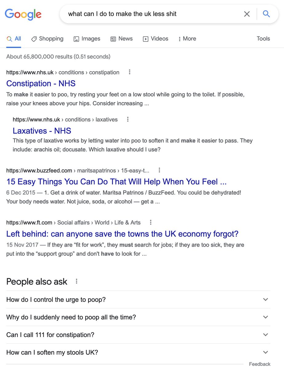 mgladdish's tweet photo. Oh @Google. Although to be fair I haven't tried taking laxatives to topple the oligarchy, so what do I know. https://t.co/BhzGjlmAmR