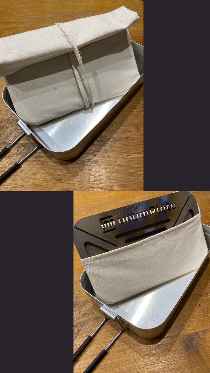 unumPlate's tweet photo. 【アンケート】
ラージメスティンに収納可能な焚火台・極厚鉄板・カッティングボードのセットをクラファン実施するのですが、メスティンの中で暴れないようにするための保護袋、どっちのデザインがいいと思いますか？
上:ロールタイプのペンケースタイプ
下:ポケットティッシュカバータイプ
回答は次へ https://t.co/uheLadoNJv