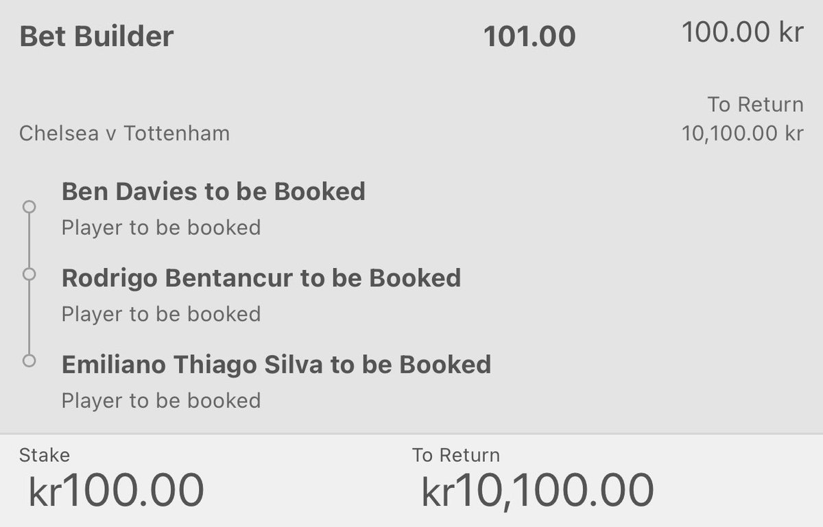 ⚽️ Chelsea - Tottenham 
⏰ Deadline in 30 min! 

ℹ️ Rules:
1. Like this tweet
2. Follow <a href="/Oddser_/">Oddser</a> 
3. Comment: How many cards in the game? (Tiebreaker: Time of first card?)
Ex. 4 cards, first card 27’

I will share this with a follower if it wins! 

🤝🏼 Swish/paypal