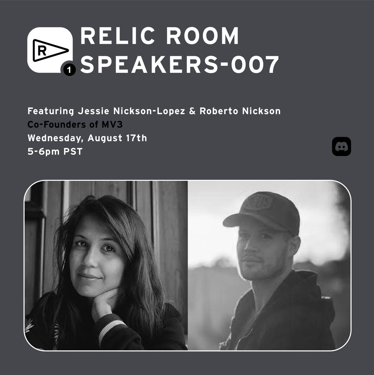 Relics Pass Holders 🏴

Speaker Series #007 

Join us in the Relic Room on August 17th at 5pm PST for a private AMA with <a href="/rpnickson/">Roberto Nickson</a> &amp; @jmaze_eth, Co-Founders of <a href="/mv3nft/">MV3 is gone</a>!