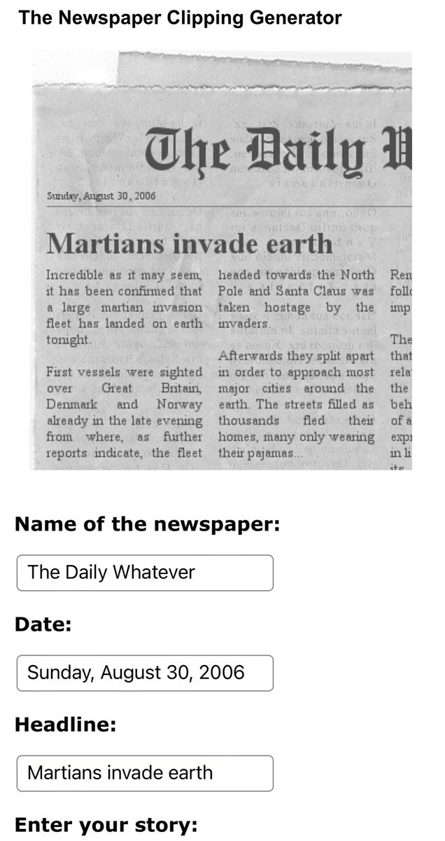 Manu___Velasco's tweet photo. 7. The Newspaper Clipping Generator - Permite crear noticias con aspecto de periódico.

👉 https://t.co/eKyEYwYtBS https://t.co/u7JK6lKaXb