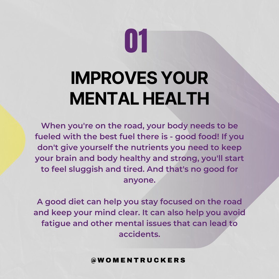 WomenTruckers's tweet photo. Truck drivers need to eat well in order to stay healthy and be productive. Check out some reasons why a good diet is important for truck drivers. #truckershealth #truckertips #tipsintrucking #KnowTheDifference #trucking #womenintrucking #truckers #womentruckers #truckdrivers https://t.co/MGFty48xZc