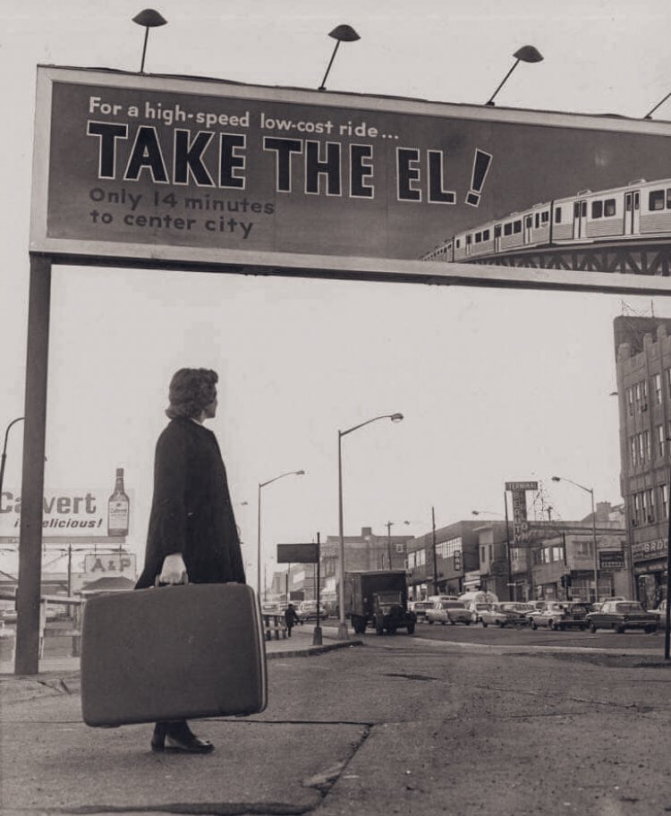 RootsDelco's tweet photo. Early ad/signage promoting the EL at 69th street Terminal in the very early days of the Market-Frankford line. Upper Darby. #Delco #TheEL https://t.co/XUHi9JA4Ax