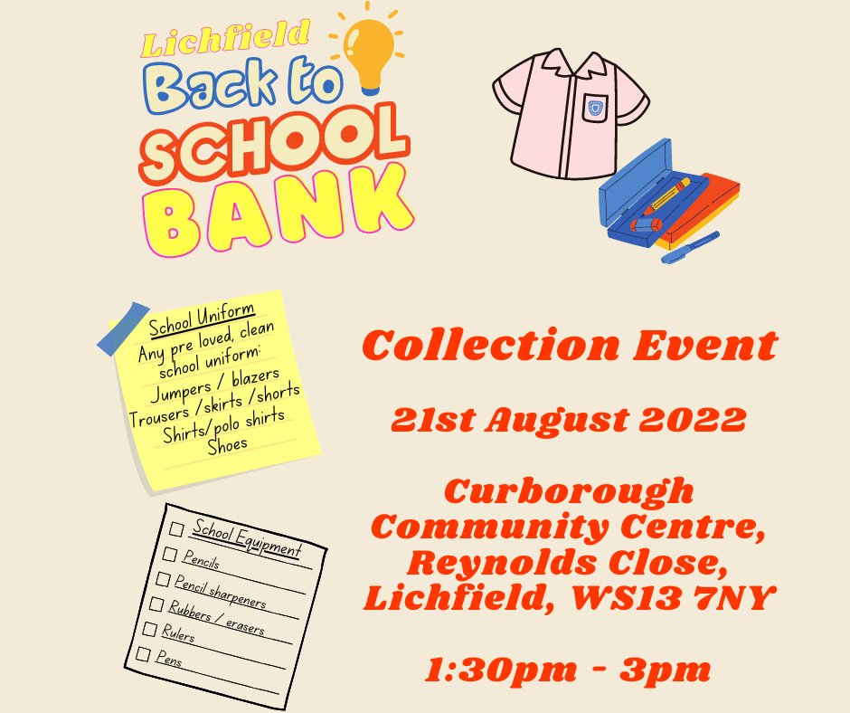 DaveR_Lichfield's tweet photo. The #BackToSchoolBank will be open for people to collect preloved uniform and school equipment from 1:30 - 3pm on Sunday 21st August. https://t.co/ZeJccUkClE