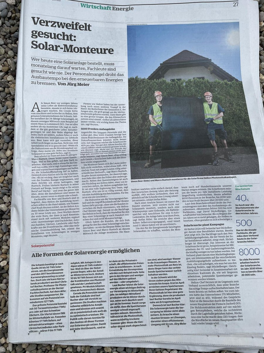 Vom #Kaminfeger zum Solarspezialisten – der #Fachkräftemangel aus der Optik der GenZ.👷🏼‍♂️ Sinnhaftigkeit ist zentral. Bin zuversichtlich, die jährlich rund 1’500 neuen #energiewendemacher zu finden. Danke <a href="/NZZ/">NZZ</a> am Sonntag. <a href="/swissolar_d/">Swissolar</a> @Helion_ch
