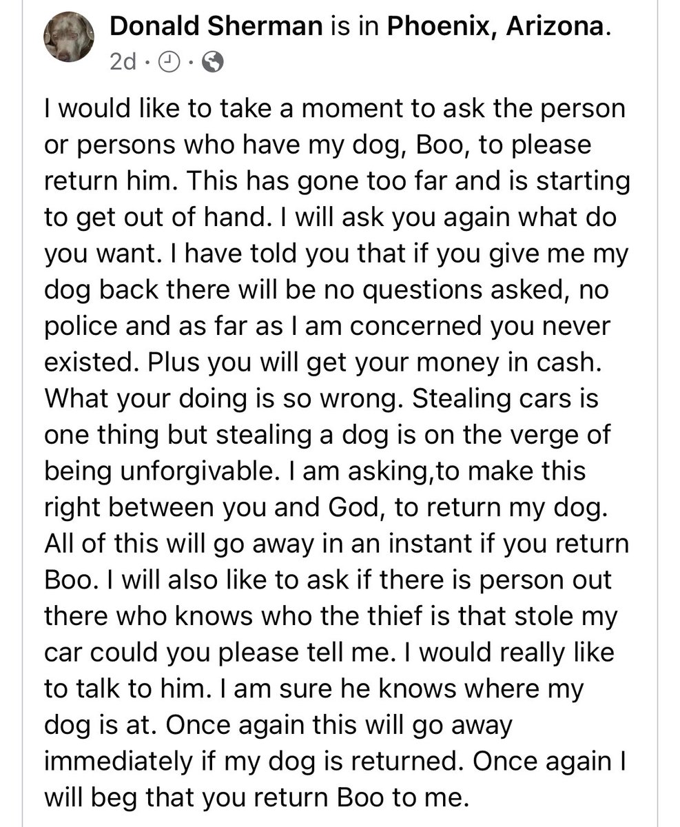 hankahoula's tweet photo. Still no Boo. Still missing (probably) in Arizona. Had a large lump under his chin. He could have been dumped in the desert when they stole the car he was in, or could just be keeping him somewhere. 😔#BringBooHome #LostDogs #Arizona https://t.co/CXLh9iUD7L