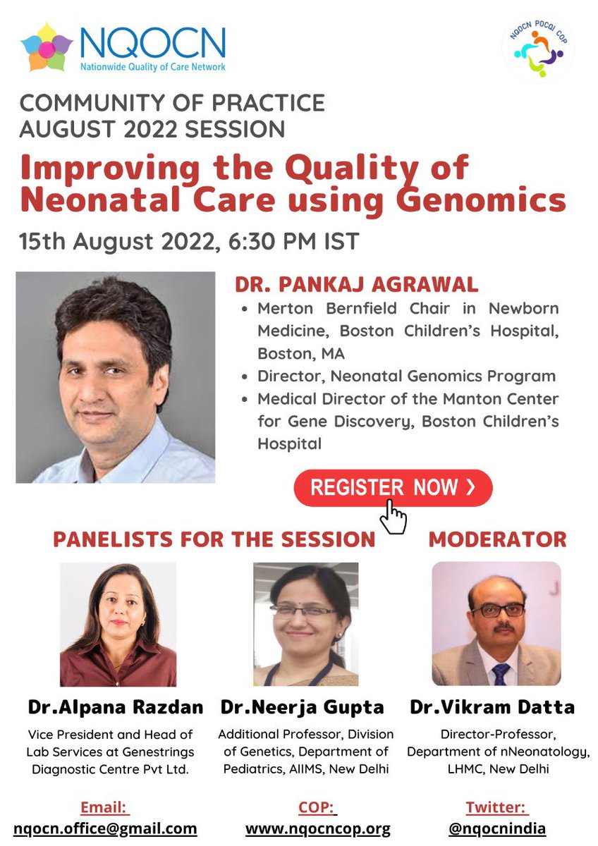 Join @nqocnindia tomorrow on the auspicious occasion of India’s 75 th Independence Day in a session with eminent international faculty on using genomics to improve the quality of neonatal care and its implications for India . @MoHFW_INDIA @qualitycareNet @WHOSEARO @PIPSQC