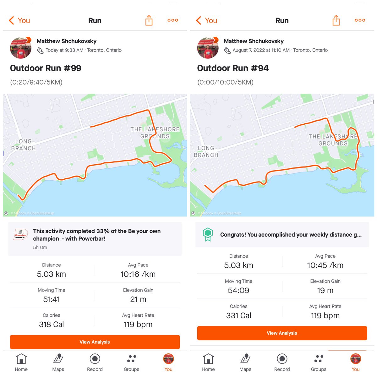 MattShchukovsky's tweet photo. Feeling pumped! These two runs were just a week apart from each other. In a week Iโve shaved over two minutes off of my time and close to 30 seconds off my pace. #incrementalgrowth 62 days to go to @TOwaterfront42k 5K! @fit_leaders #fitleaders https://t.co/KtDyMR9fvE