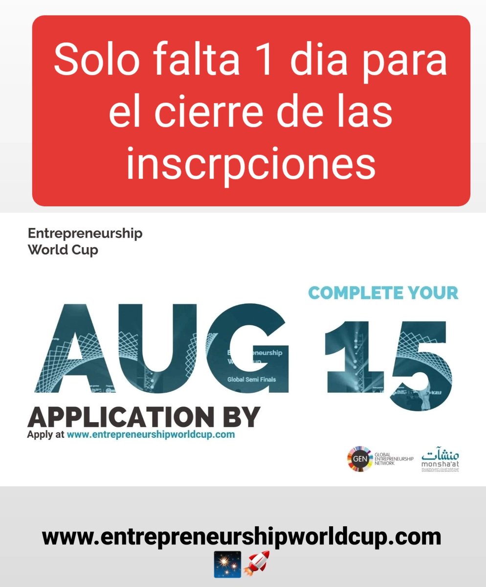 Participa de la Copa Mundial del Emprendimiento 2022 #EntrepreneurshipWorldCup
Si participaste en el 2019, 2020 o 2021, puedes volver a registrarte para el 2022.   genglobal.org/ewc/
Fecha limite: 15 de agosto