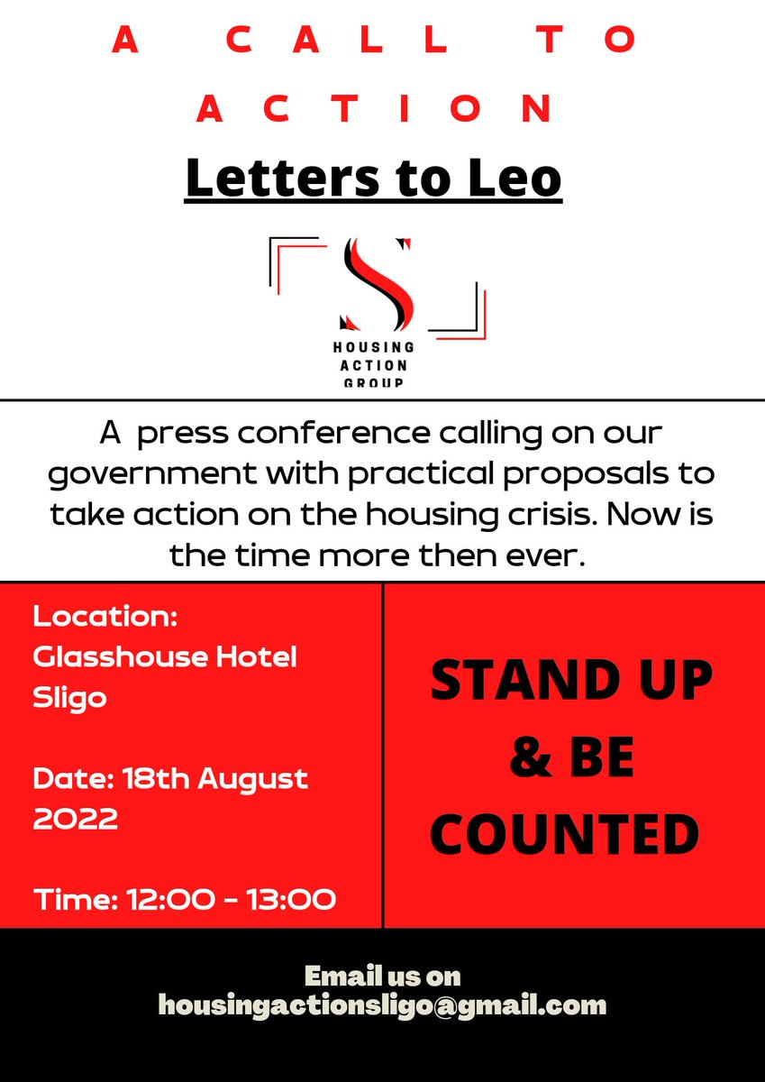 SHAGsligo's tweet photo. #LetterToLeo #housingcrisis We are launching our campaign by holding a press conference next Thursday the 18th of August in the Glasshouse from 12 until 1. If you would like to show us your support then please come along. https://t.co/aA1YxAhyfj