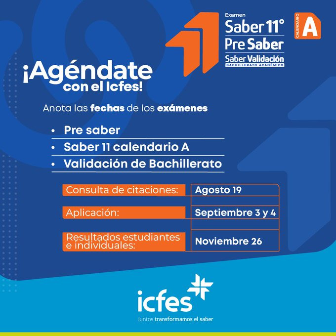 Mineducacion's tweet photo. Se acerca el momento para que demuestres tus habilidades en los exámenes:
  
🔵 Pre saber 
🔵 Saber 11 calendario A 
🔵 Validación de Bachillerato
 
🗓¡#AgéndateConElIcfes y anota las fechas! https://t.co/fiPzD9iOEy