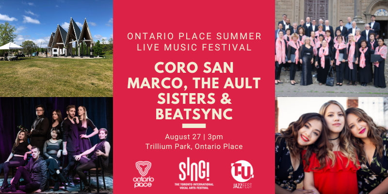 SingToronto's tweet photo. Last chance to take in FREE #Acappella Music at Trillium Park @OntarioPlace this afternoon. We’ve got some powerhouse voices for you to listen to this afternoon. Come out and listen to @TheAultSisters, @BeatsyncMusic &amp; Coro San Marco. Bring a blanket. See you there! https://t.co/rUnTTB1zuX