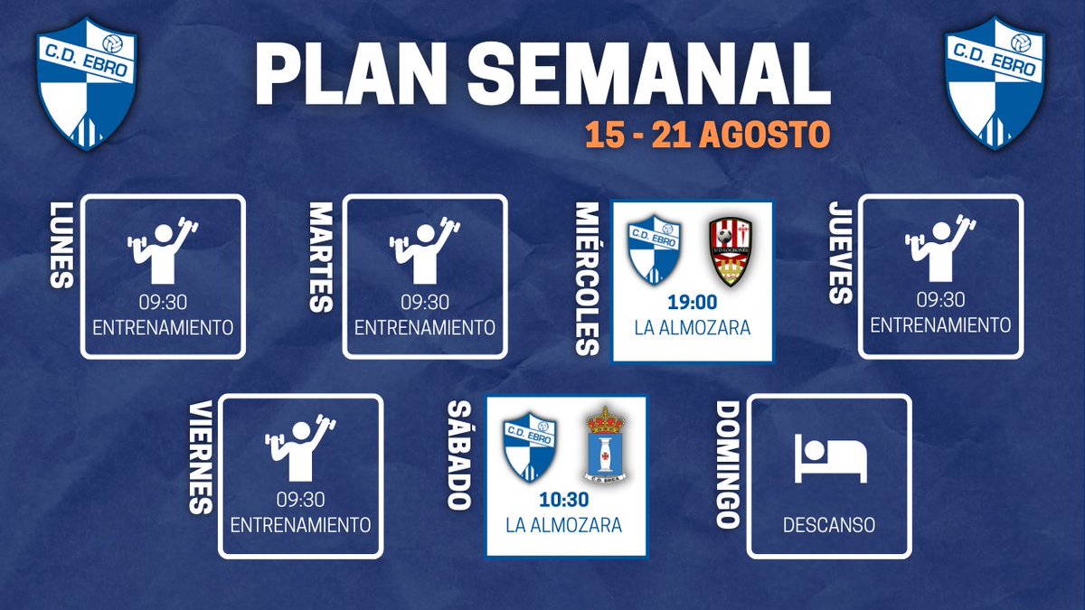🥱 ¡Buenos días, aficion!

¿Quién dijo puente? Arrancamos nueva semana con dos amistosos, ¡ambos en casa!💪🏼

🆚 <a href="/UDLogrones/">UD Logroñés</a> B
📅 Miércoles
⏰ 19:00
🏡 La Almozara

🆚 <a href="/cd_brea/">CD Brea</a> 
📅 Sábado
⏰ 10:30
🏡 La Almozara