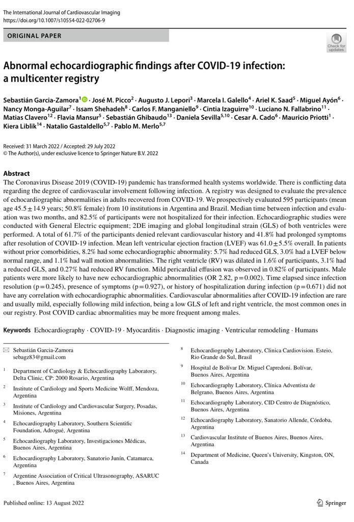 Thrilled to share with you our 🇦🇷 🇧🇷 registry about echocardiographic findings after #Covid_19 recovery ❤️‍🩹!!
<a href="/ajl087/">Augusto Lepori</a> <a href="/aksaad75/">Ariel Saad</a> <a href="/miguelayon8/">Miguel Ayon</a> <a href="/QRS81102615/">INNOMED QRS</a> <a href="/IssamShehadeh/">Issam Shehadeh</a> <a href="/luchofallabrino/">Luciano Fallabrino</a> @ghiba_seba <a href="/MauricioPriotti/">Mauricio Priotti, MD</a> <a href="/pablommerlomd/">Pablo M Merlo</a> <a href="/elzaardelsur/">Natalio Gastaldello</a> <a href="/ASARUC1/">ASARUC POCUS ACADEMY</a> 
rdcu.be/cTCEq