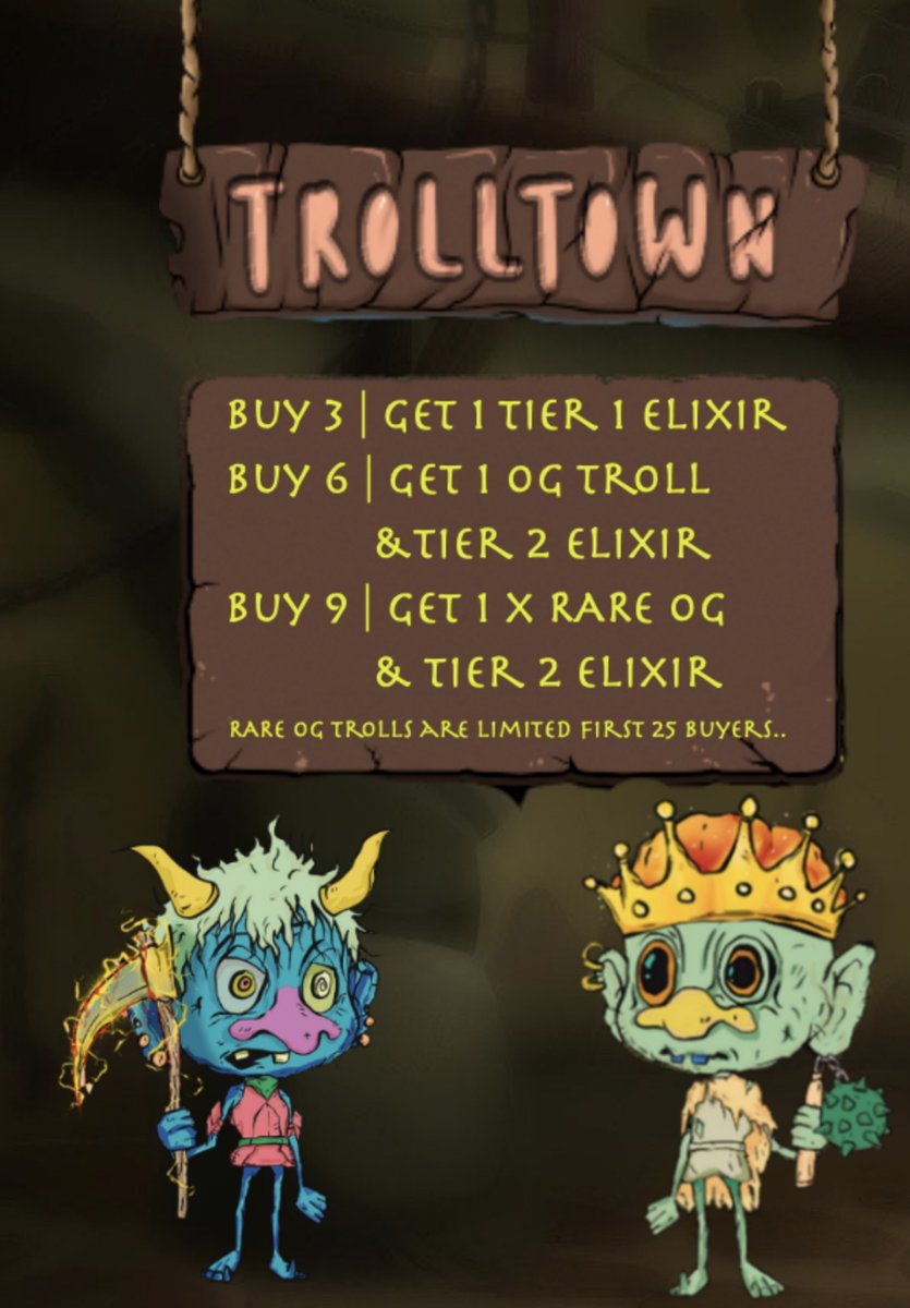 GIVEAWAY TIME! #trolltown 
Buy 3 and get 1 Elixir 
Buy 6 and get 1 OG &amp; 1 Tier 2 Elixir
Buy 9 and get 1 Rare OG &amp; 1 Tier 2 Elixir
Rare OG Trolls are limited first 25 buyers!
Send proof in Discord (Open Ticket) 
discord.gg/trolltown

OG Trolls:
opensea.io/collection/tro…