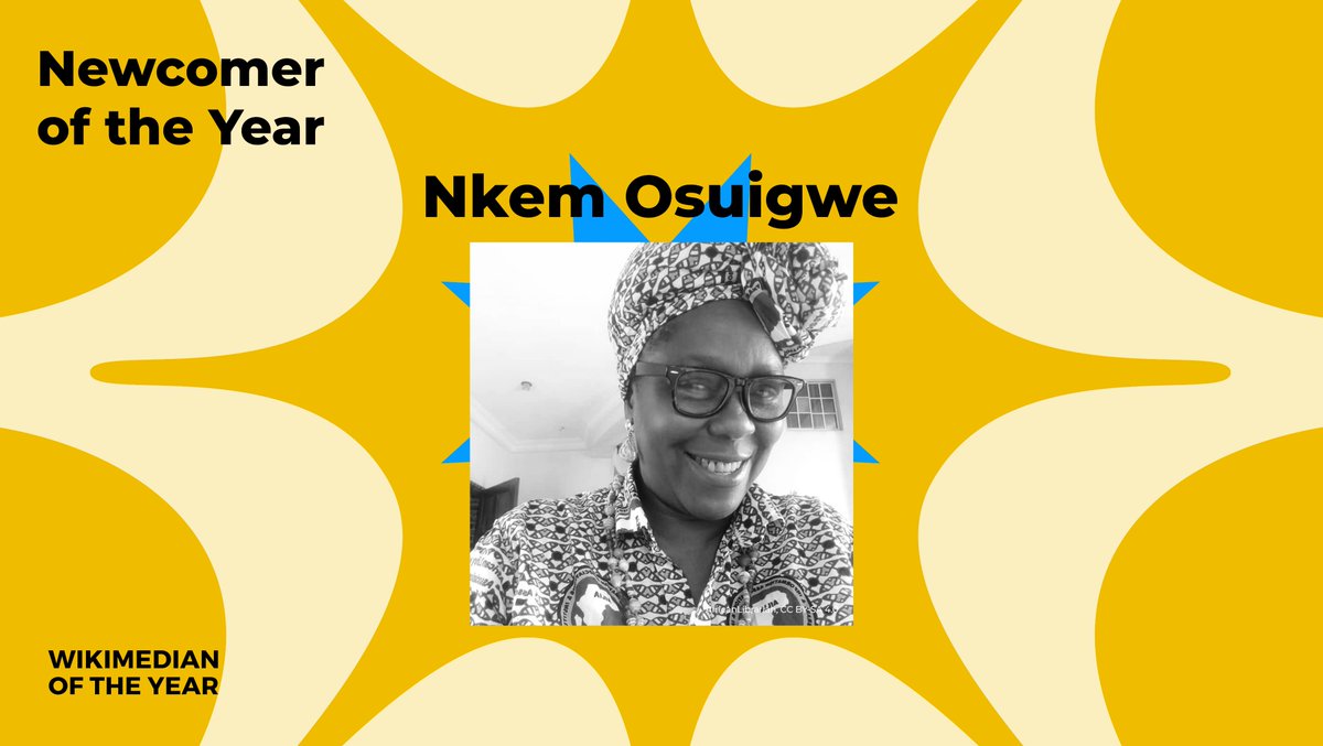 Congratulations to Dr. Nkem Osuigwe (<a href="/librarian_nkem/">#AccessToInformation is a human right</a>), the Wikimedia Newcomer of the Year! 🎉 Nkem helped start a partnership between the Wikimedia Foundation and <a href="/AfLIACon/">AfLIA</a> in 2020, using an existing professional network to generate over 27,000 edits since then. #Wikimania2022