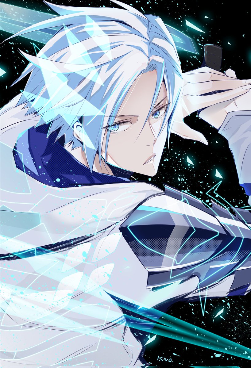 1boy male focus weapon blue eyes solo holding ice  illustration images