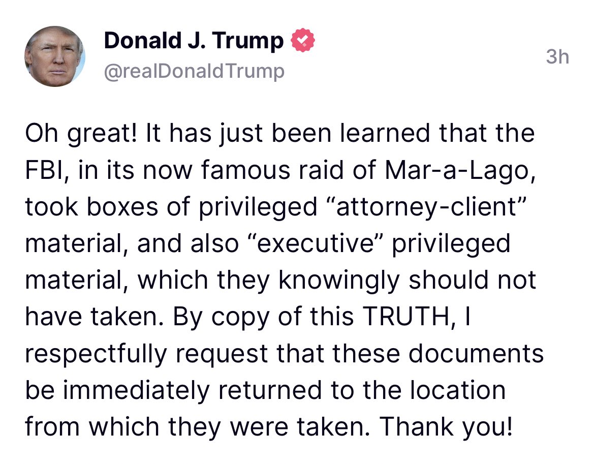 iamgabesanchez's tweet photo. Donald Trump is now “respectfully” requesting that government documents be returned to him.

Too bad, so sad. Guess he shouldn’t have stolen, hid, and lied about the documents when the government respectfully requested them multiple times. https://t.co/RVFMfMkCBf