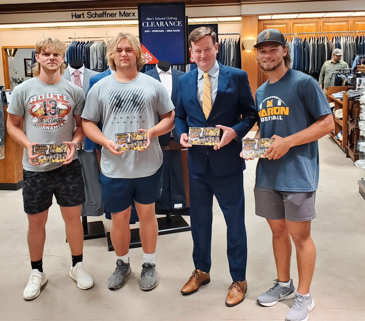 Hail to thee, Marion!  Cooper Thompson, Eli Vickery, Brody Larson stopped in peddling Marion HS football coupon books.  Brody knows we're a mark for three books every season.  #southernillinois #marionil #marion #marionwildcats