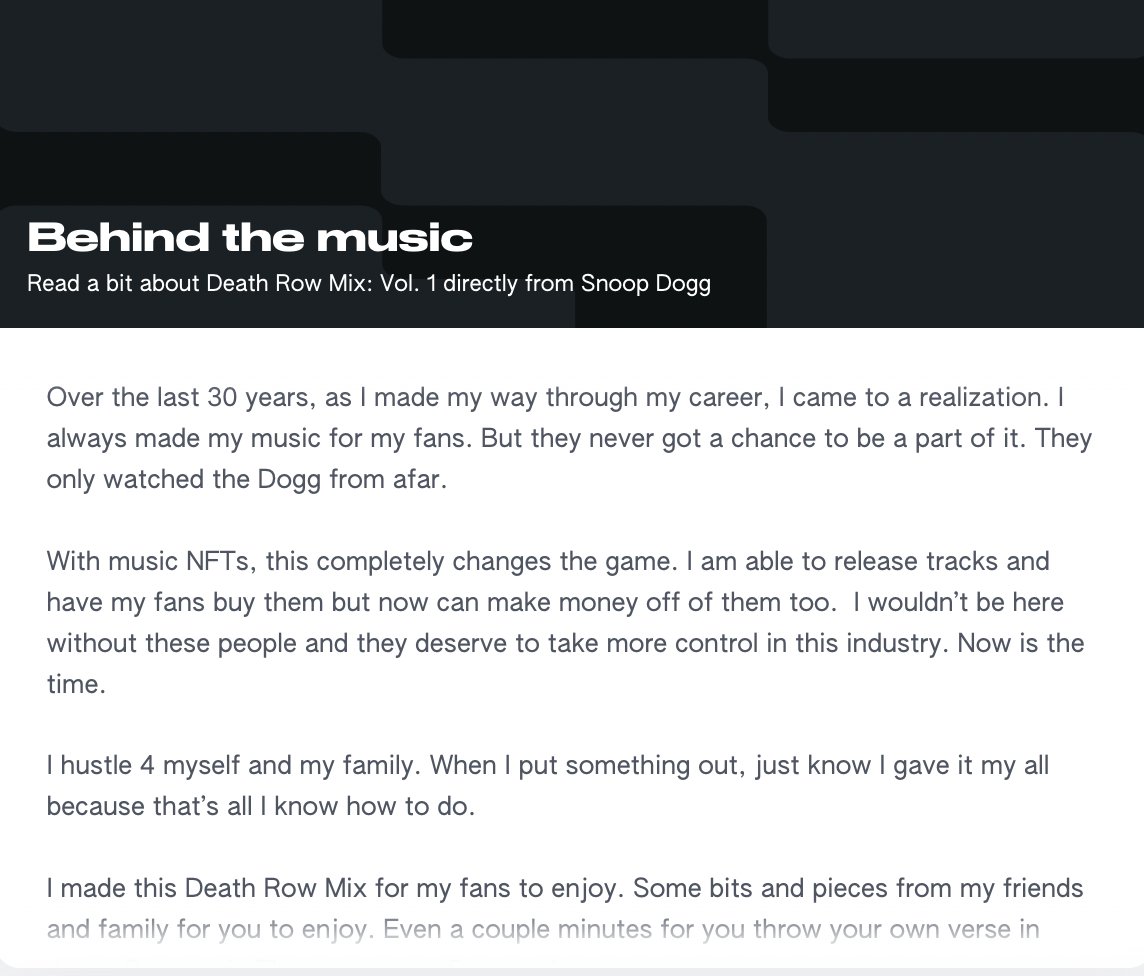 spencernoon's tweet photo. I'm now convinced that Death Row Mix: Vol 1 from @SnoopDogg will enter the historical canon of music NFTs. Anyone who reads Snoop's note from this @soundxyz_ drop can see how ahead of his time he was. In retrospect this will be obvious. So I just swept the floor with @gemxyz. https://t.co/dyco5fxSTi