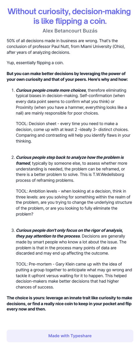 Alej_Betancourt's tweet photo. We all make hundreds, if not thousands, of decisions. When they are really meaningful, make sure you use your curiosity - it will beat the flipping of a coin 10 out of 10 times. https://t.co/oP9wKJ3Jqn