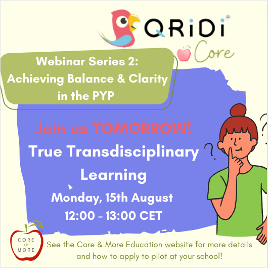 c_orkiszlang's tweet image. Reminder! Achieving Balance &amp;amp; Clarity in the PYP webinar presentation TOMORROW looking at True Transdisciplinary Learning! Monday, 15th August 12:00 - 13:00 CET. 

Join with Google Meet here: meet.google.com/cwm-dnur-vji

#pyp #coreandmore #qridi #qridicore #coreandmoremonday
