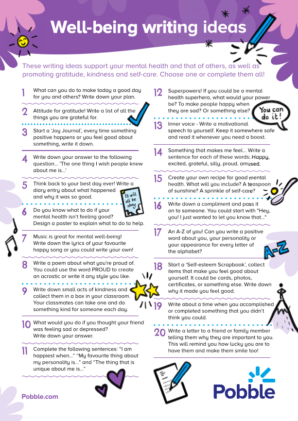20 well-being writing ideas! 👇🏽
You could complete one a day in class as a writing warm-up, set the sheet as homework for the children to choose from or run longer well-being writing sessions in class… The choice is yours! 💡✏️ hubs.la/Q01hMqc90