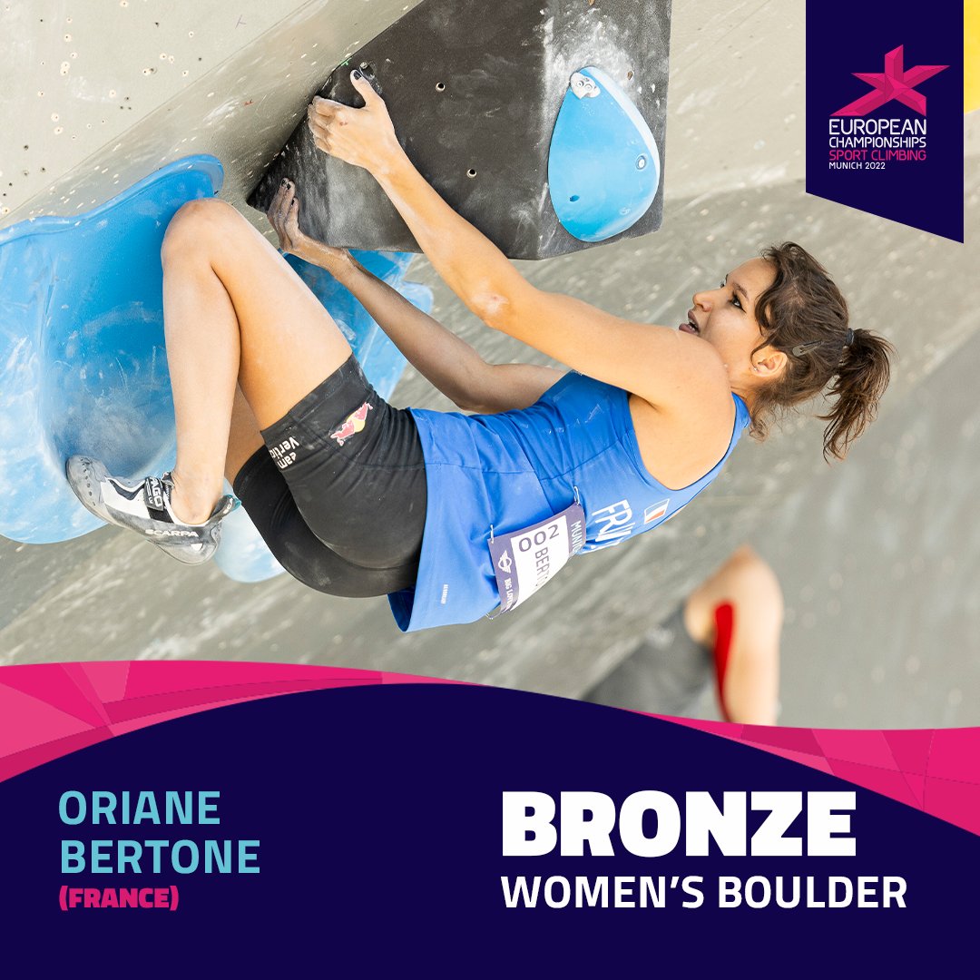 worldclimbing's tweet photo. It's two European Championships gold medals in two days for the Slovenian superstar 👏

Women's Boulder:
🥇 Janja Garnbret 🇸🇮
🥈 Hannah Meul 🇩🇪
🥉Oriane Bertone 🇫🇷

Full results at https://t.co/xmO3J65b4d

@ECMunich2022 #IFSC #SportClimbing #Munich2022 #BackToTheRoofs https://t.co/QhcgXQsJrx